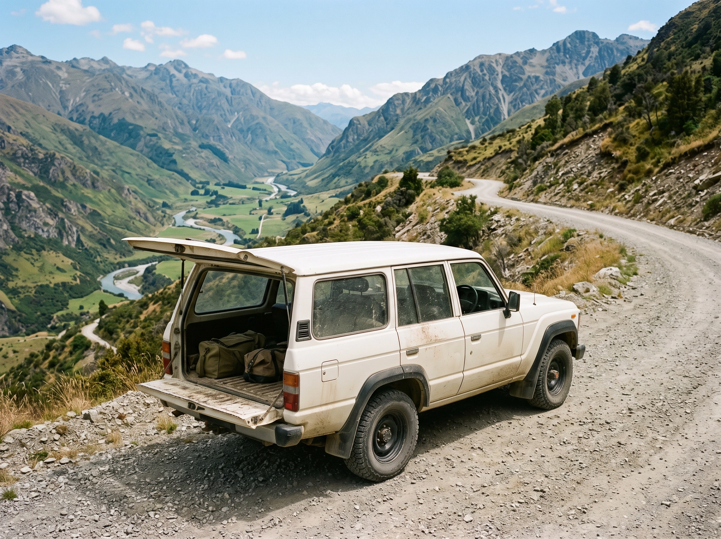 An off-road car with an open boot on a mountain road