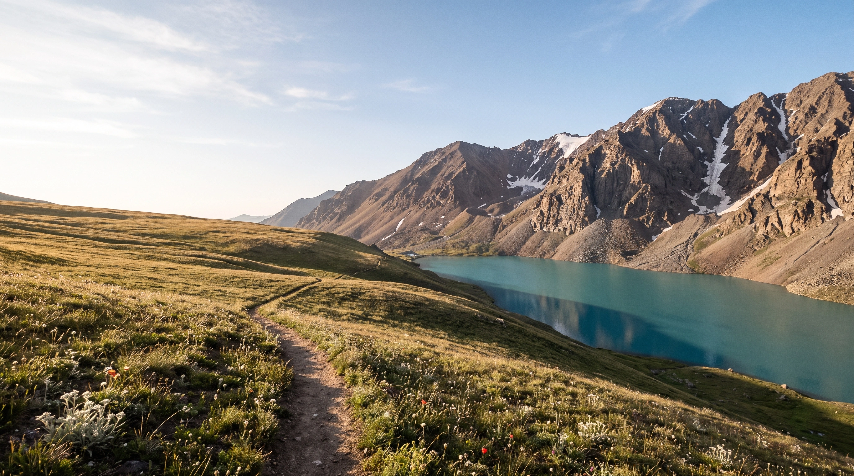 A mountain lake and a trail along the slope in Kyrgyzstan