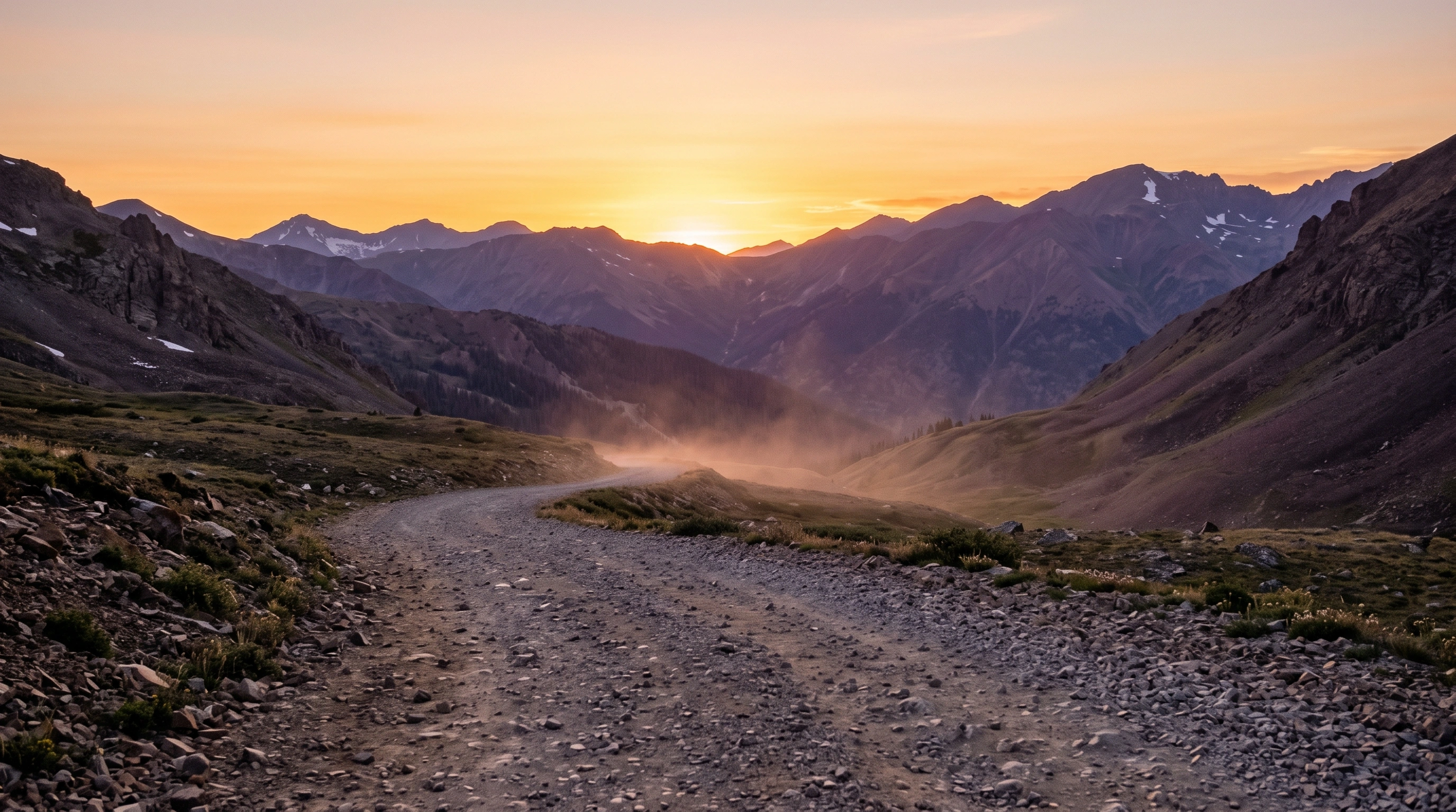 A mountain road at sunset in Kyrgyzstan