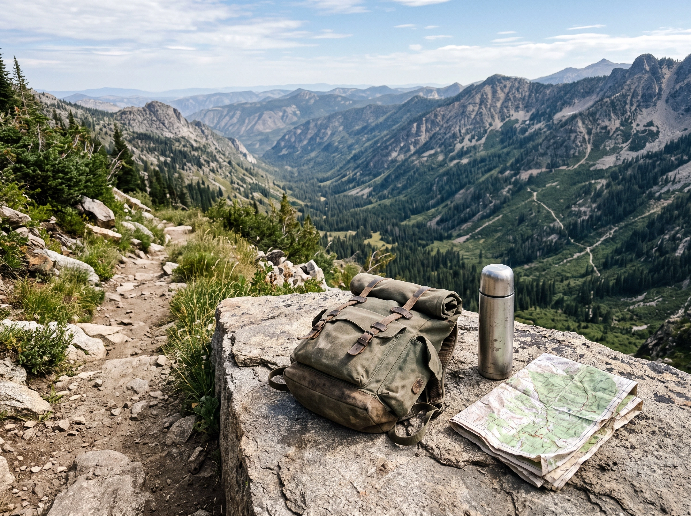 A backpack, thermos and map at a viewpoint above a valley