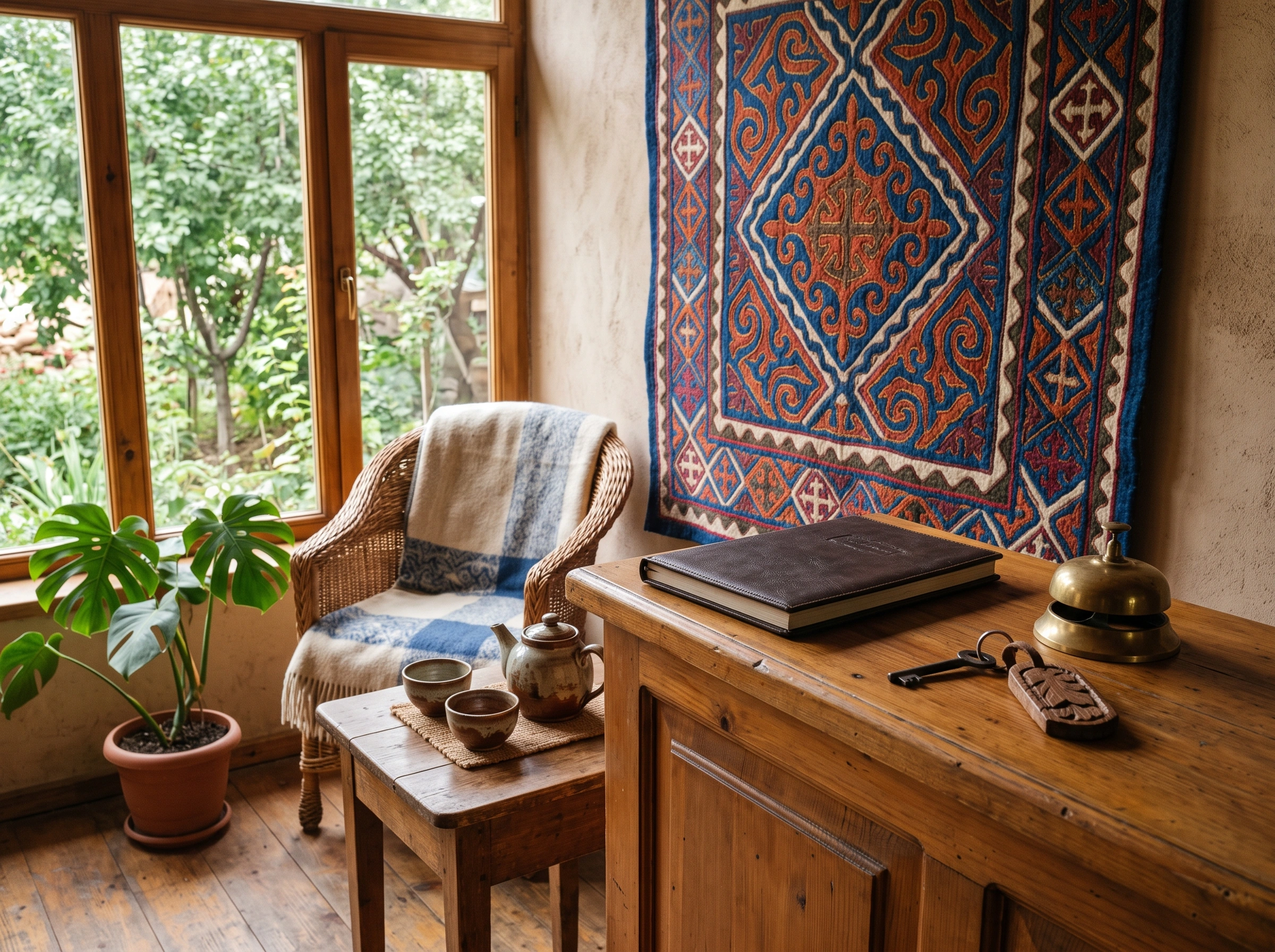 A guest house reception with a felt shyrdak on the wall