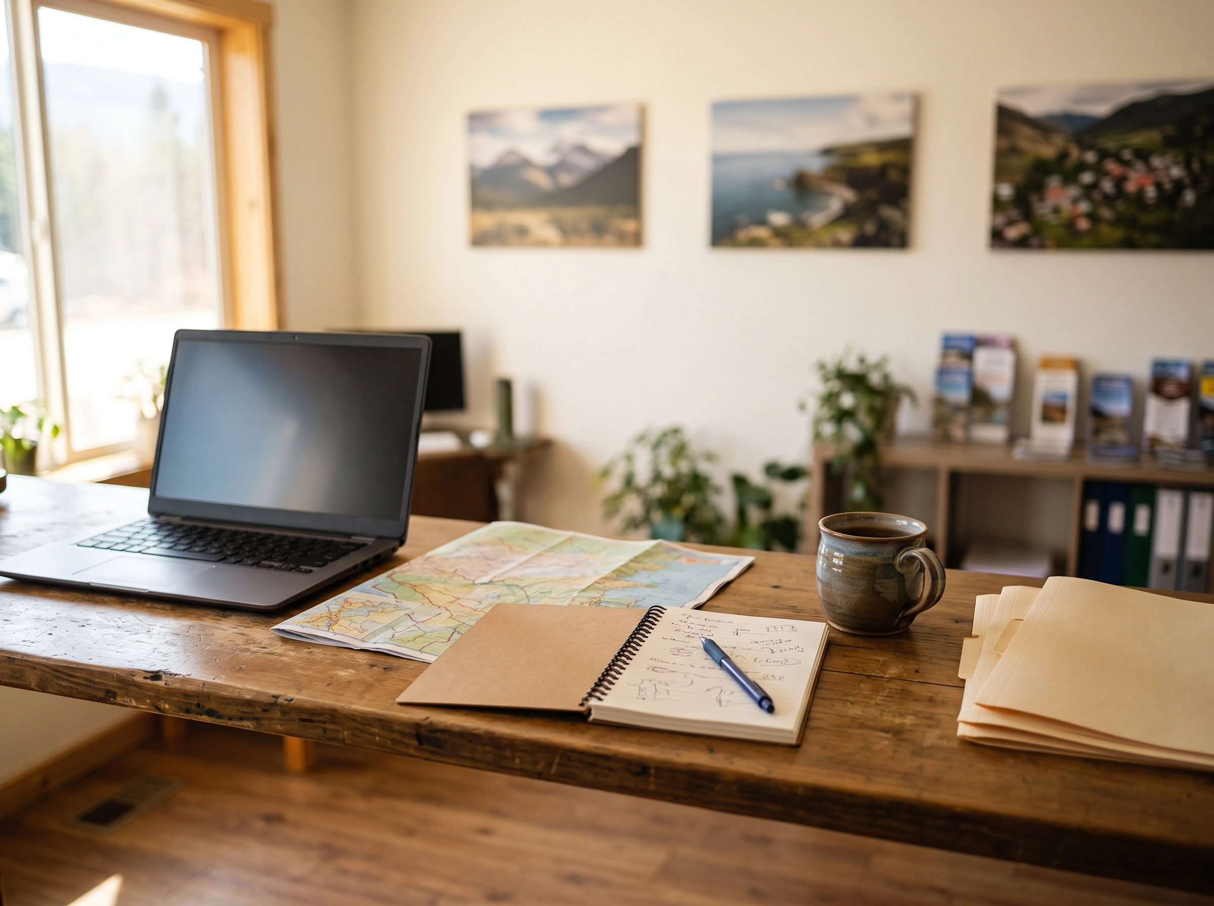 A tour agency desk with a map and a notebook