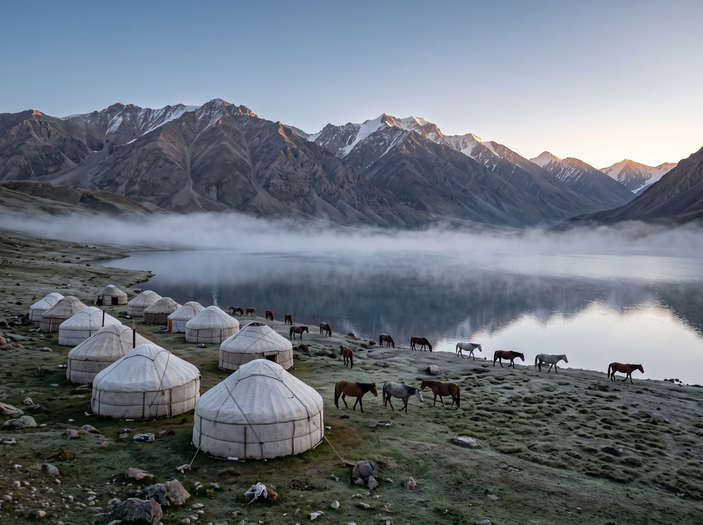 A yurt camp and horses by a lake in the morning mist