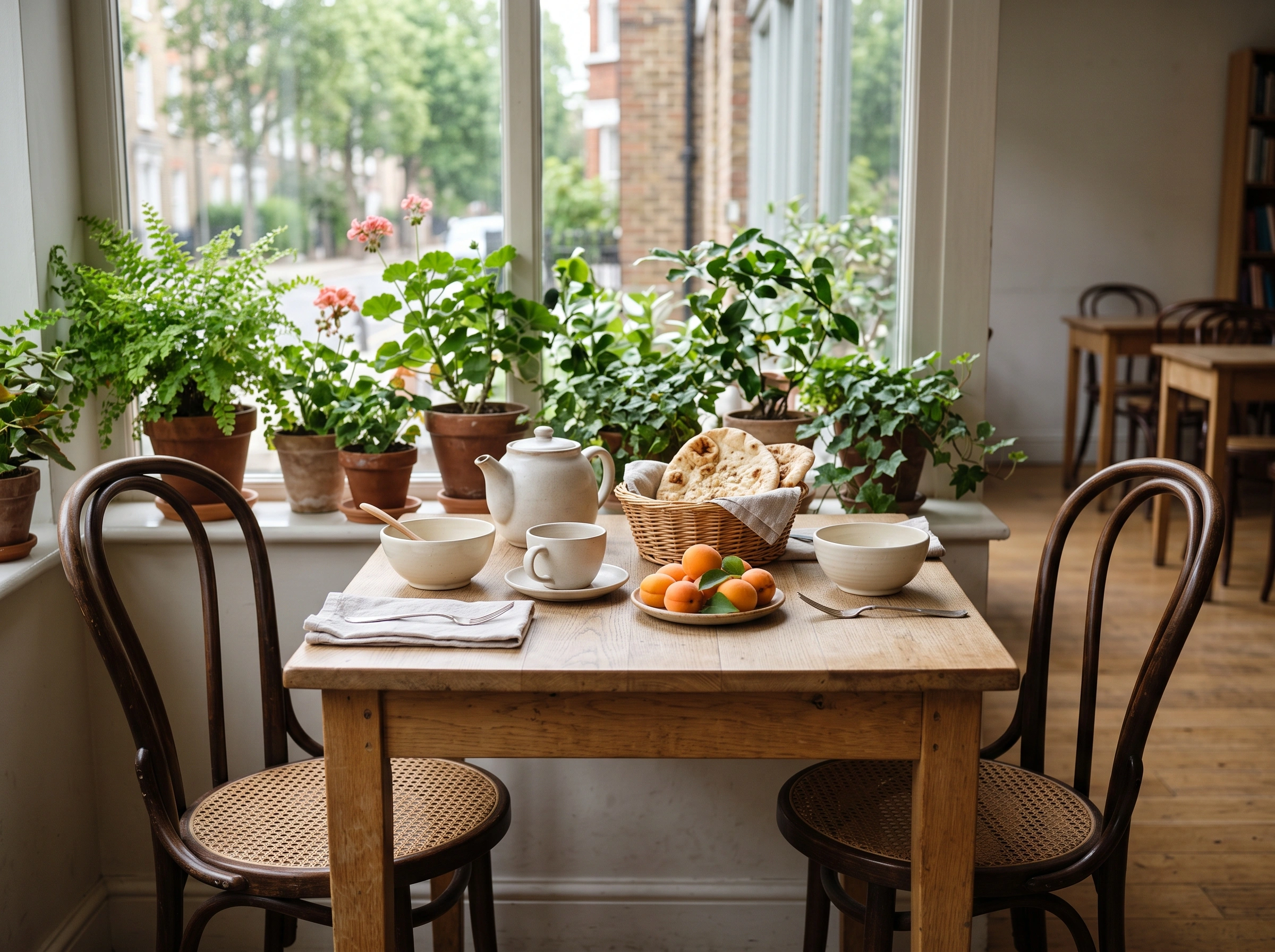 A café table set with tea and bread