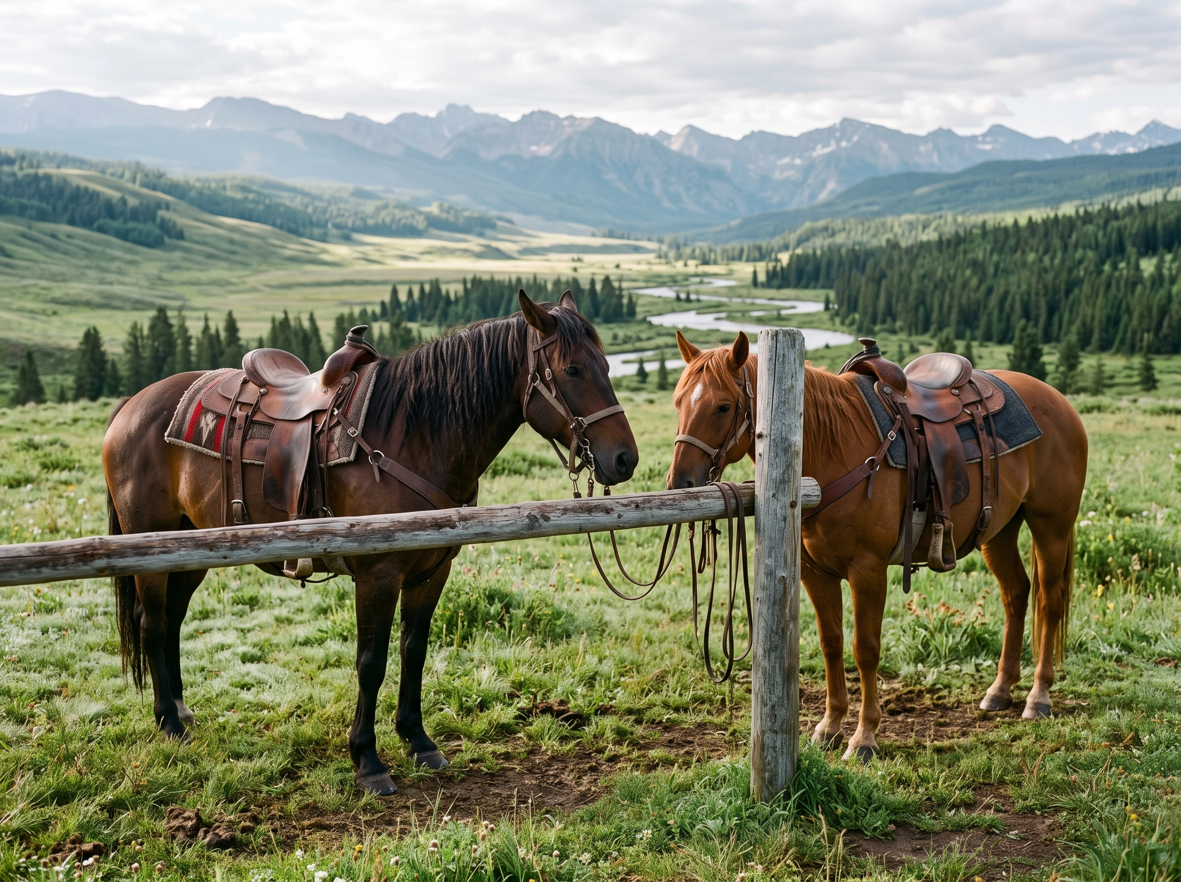 Saddled horses at a hitching rail on a mountain pasture